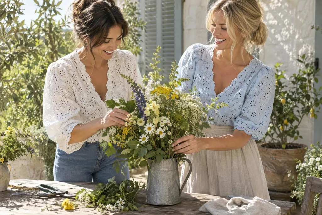 Two women arranging garden flowers in a sunlit courtyard, wearing eyelet tops