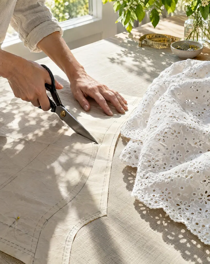 Hands cutting a paper sewing pattern beside folded eyelet fabric