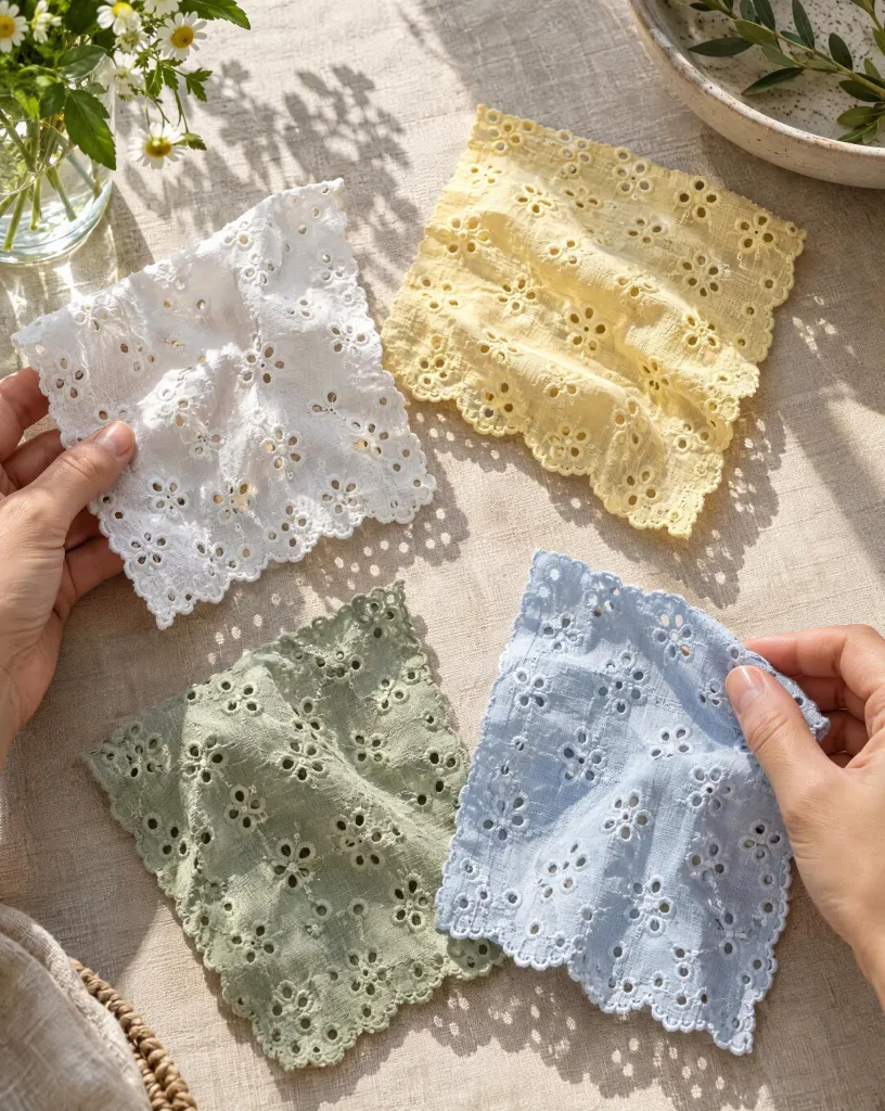 Four eyelet fabric swatches in white, butter yellow, sage and pale blue