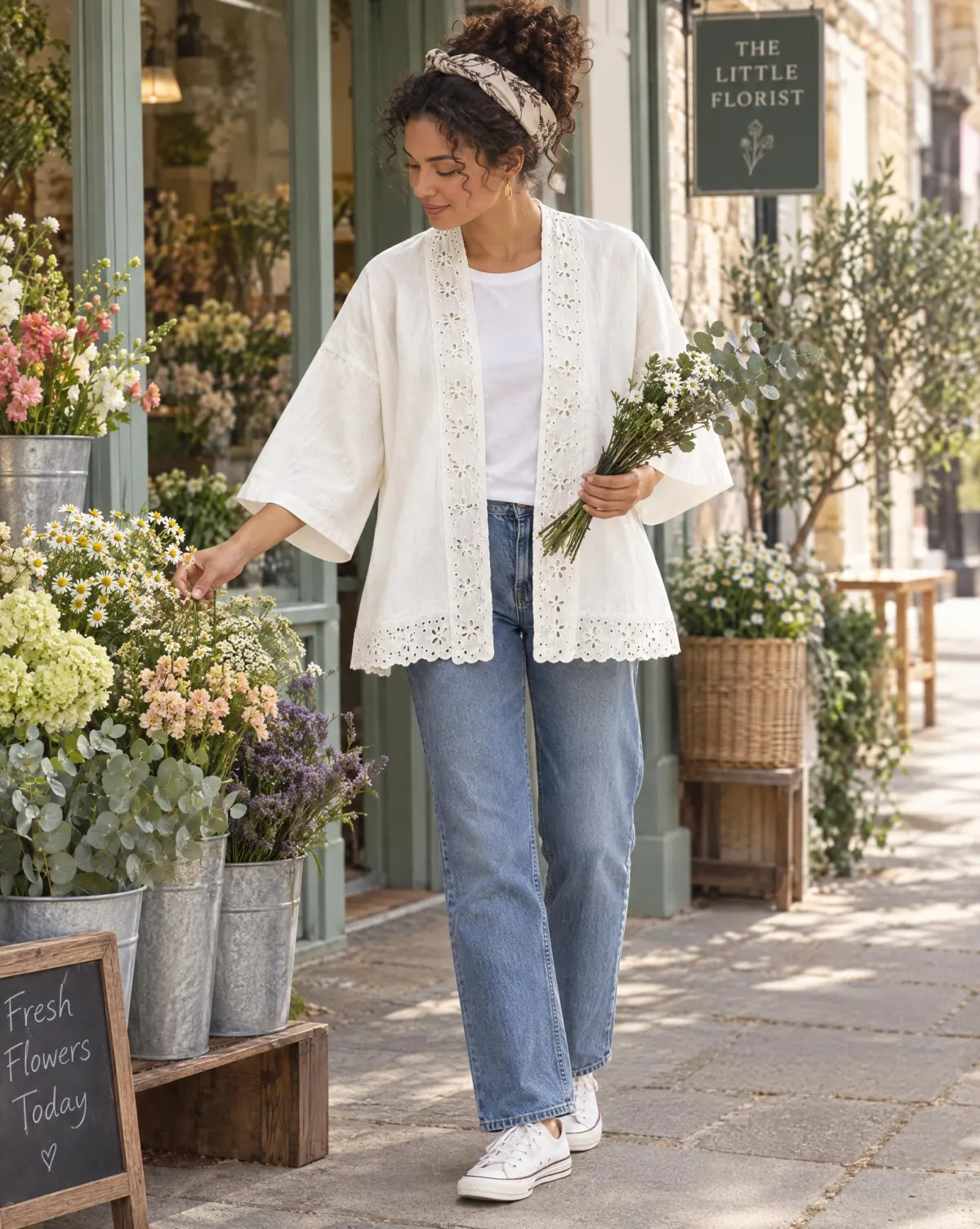Arbor Open Layer in white, worn with jeans