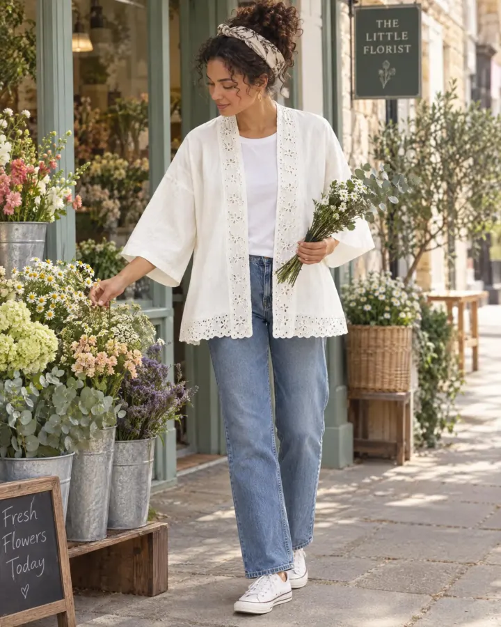 Arbor Open Layer in white, worn with jeans