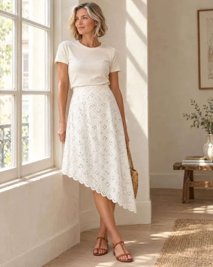 Asymmetric Scallop Skirt in white, worn with a plain tee