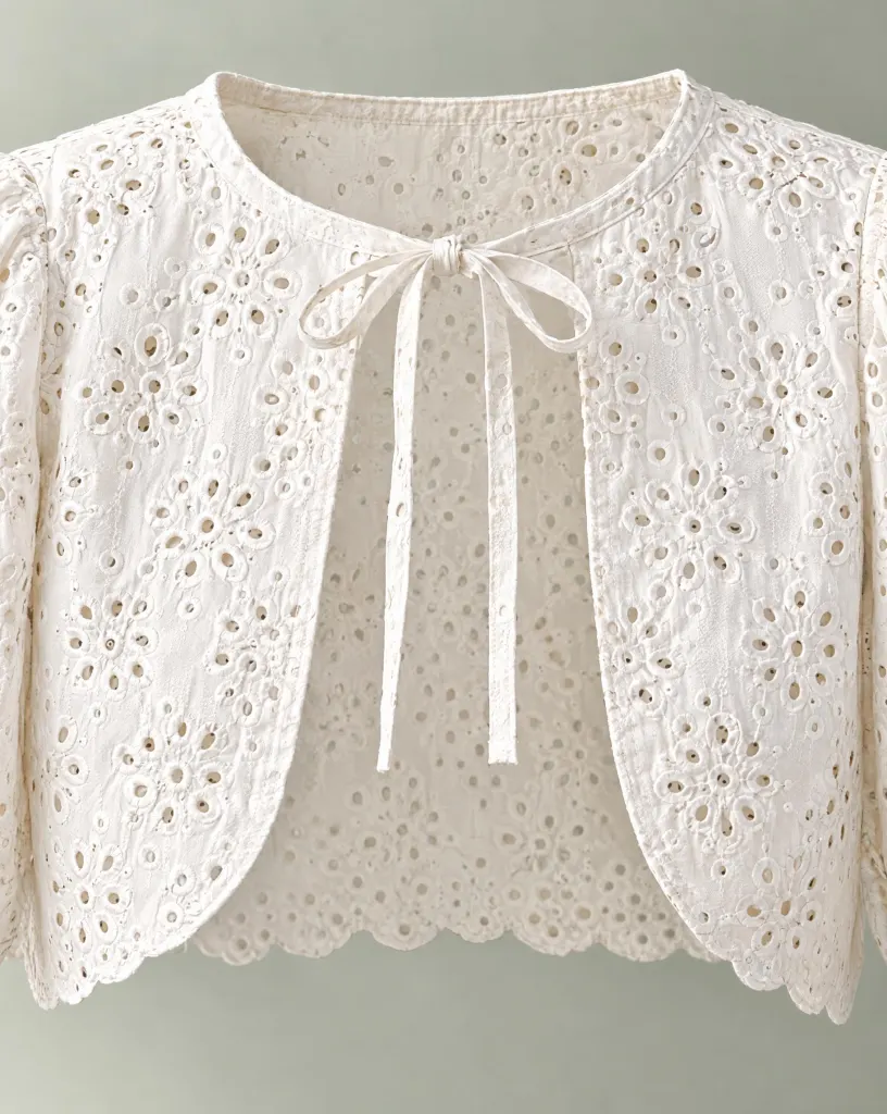 Close-up of the balloon-sleeve bolero embroidery and finishing
