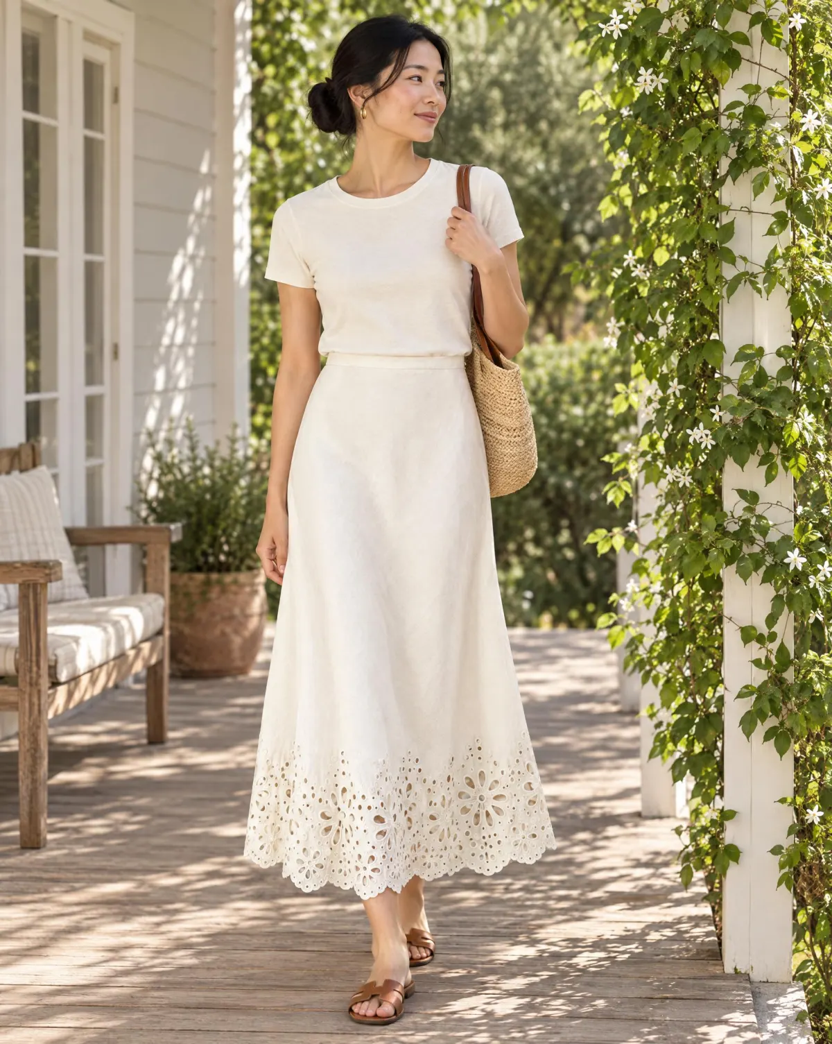 Bloom Bias Midi Skirt in white, worn with a plain tee