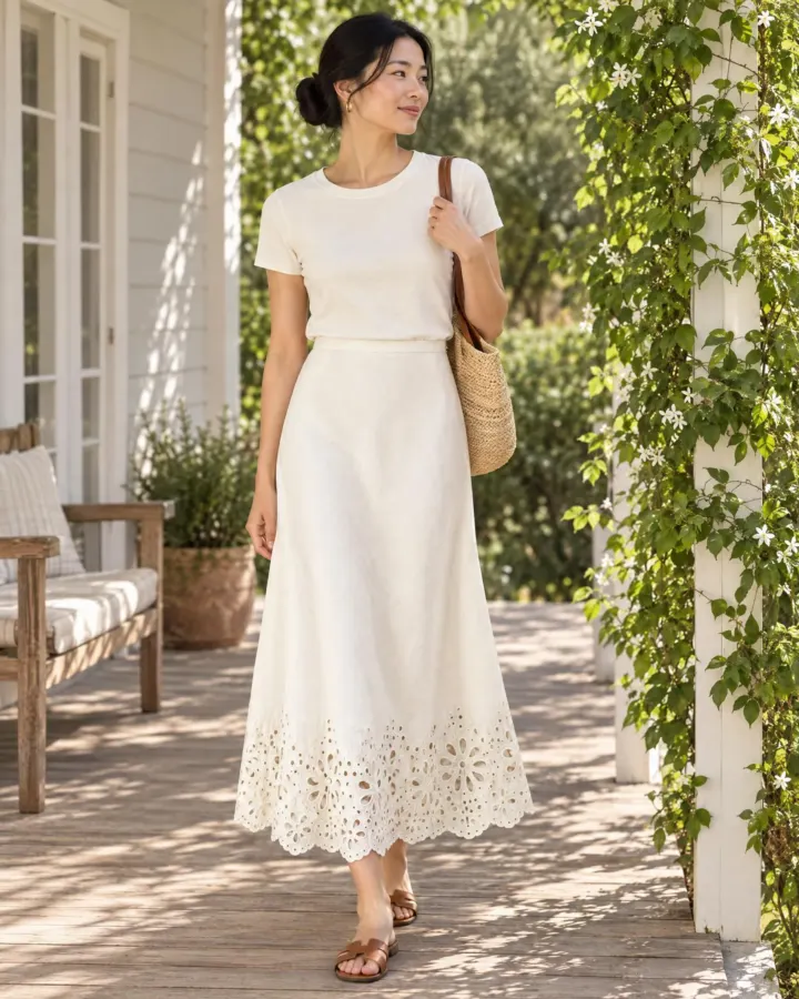 Bloom Bias Midi Skirt in white, worn with a plain tee