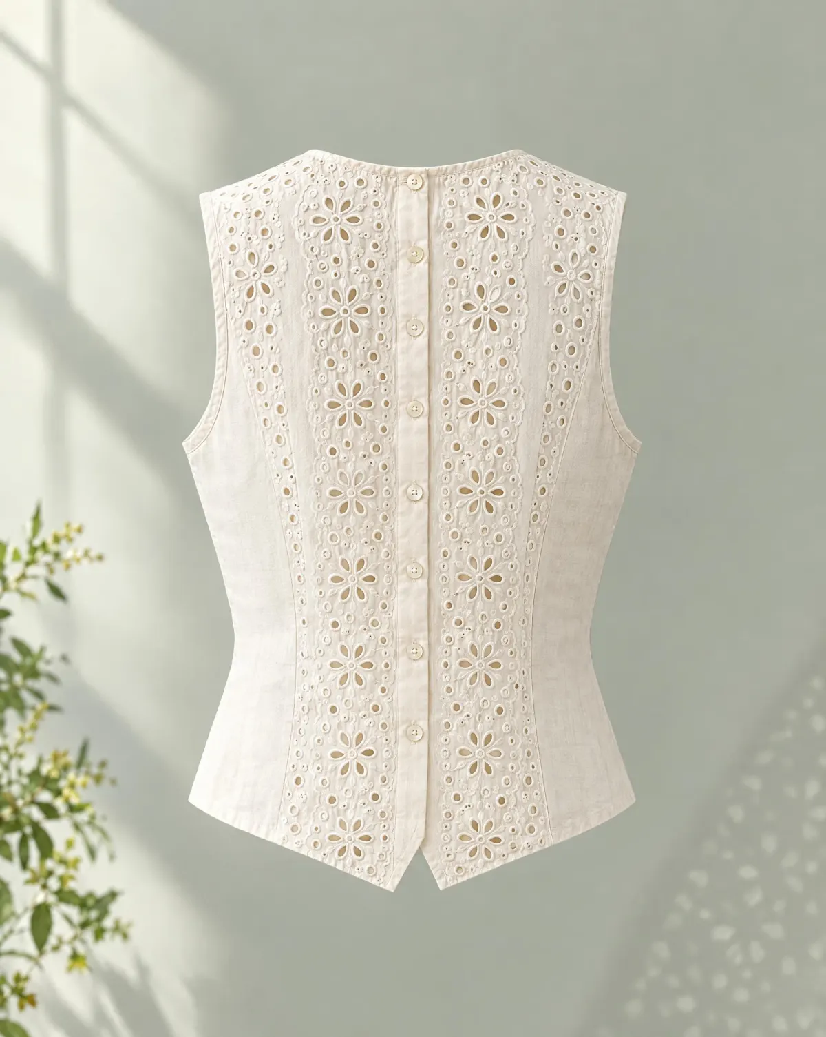 Button-Back Vest in white, back view