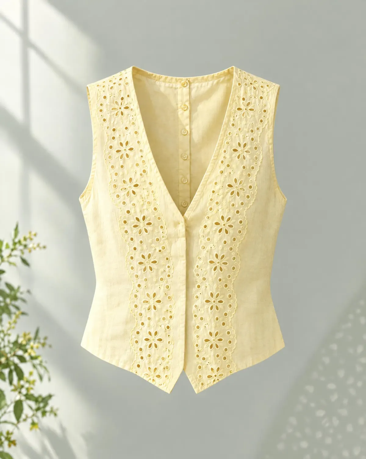 Button-Back Vest in butter yellow, front view