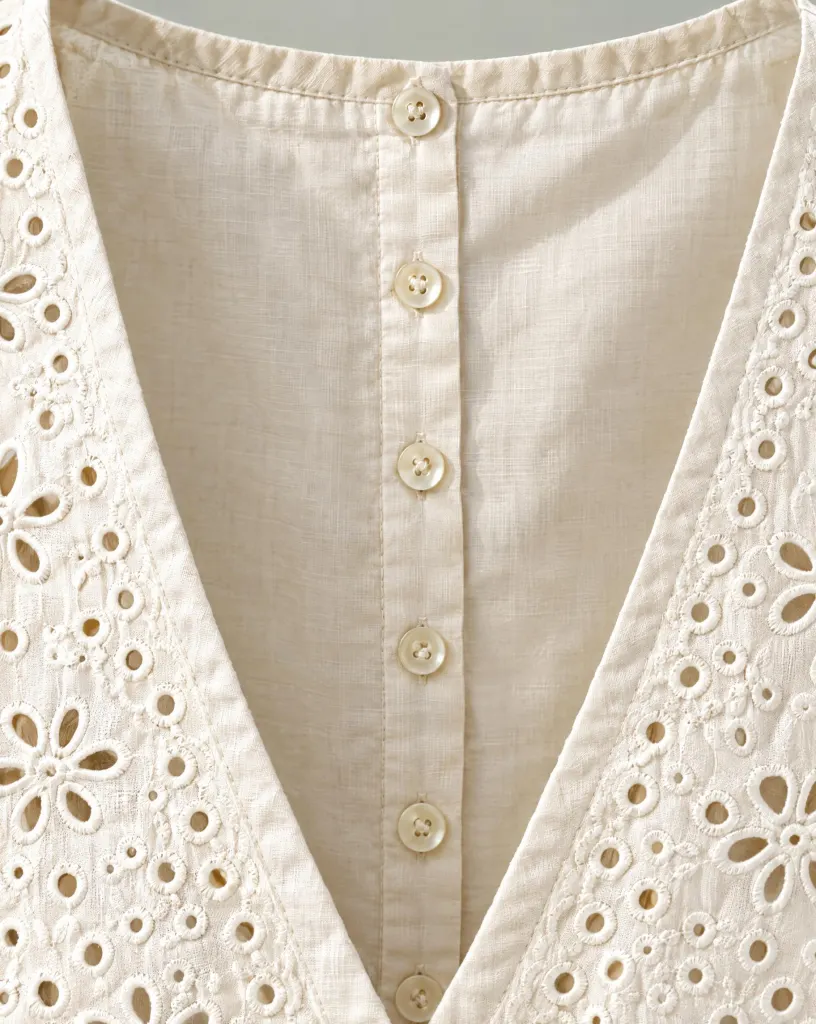 Close-up of the button-back vest embroidery and finishing