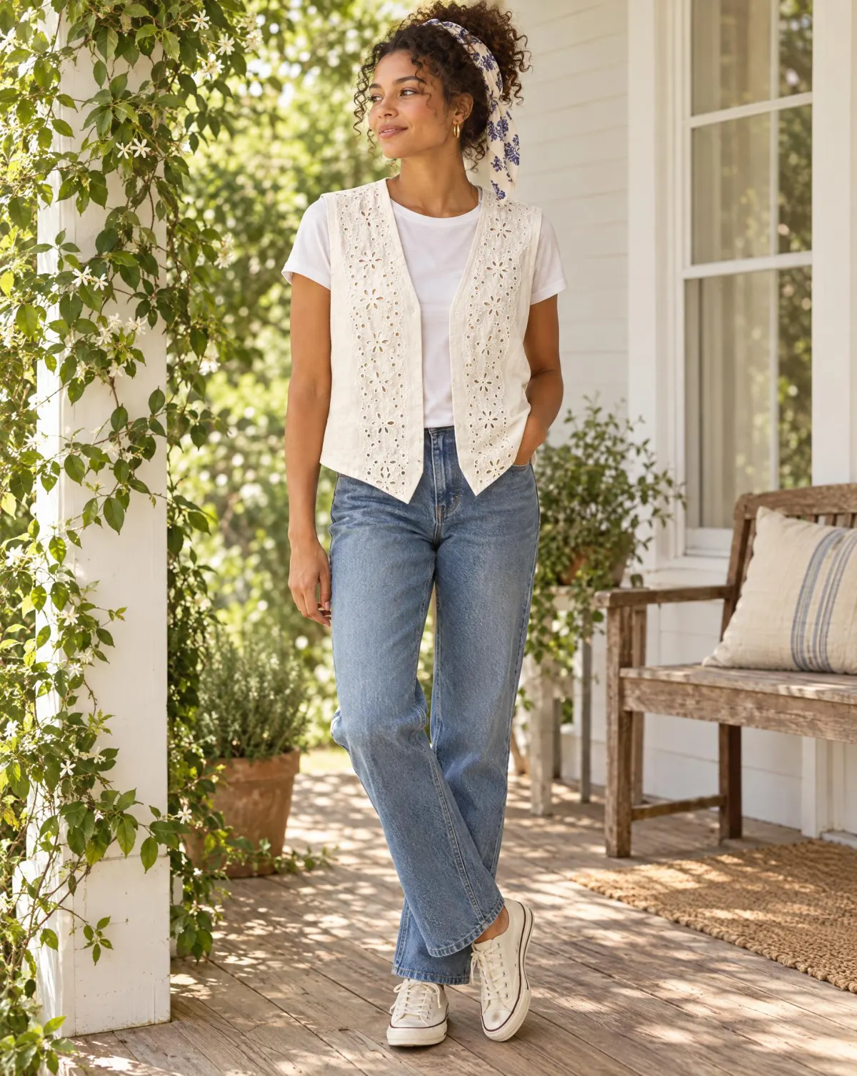 Button-Back Vest in white, worn with jeans
