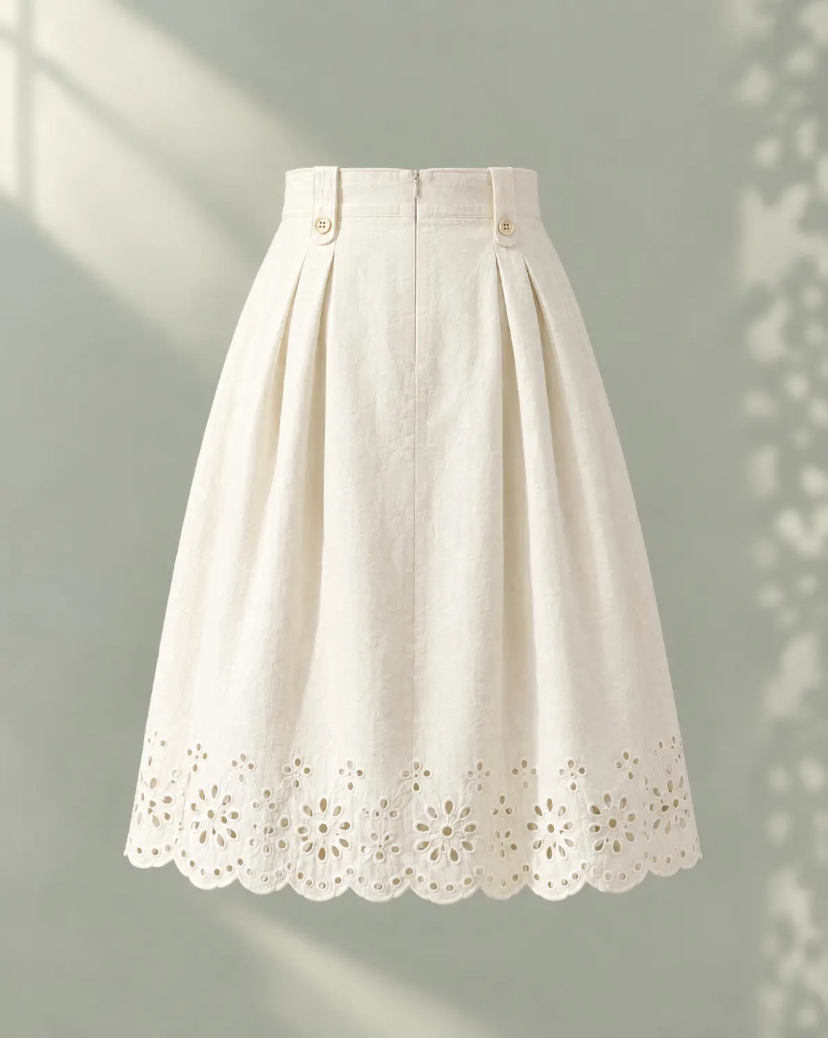 Button-Tab Pleat Skirt in white, back view