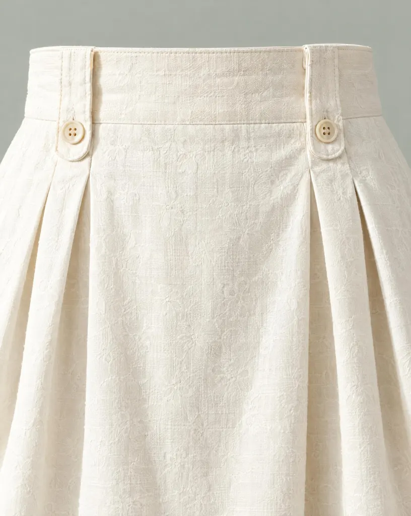 Close-up of the button-tab pleat skirt embroidery and finishing