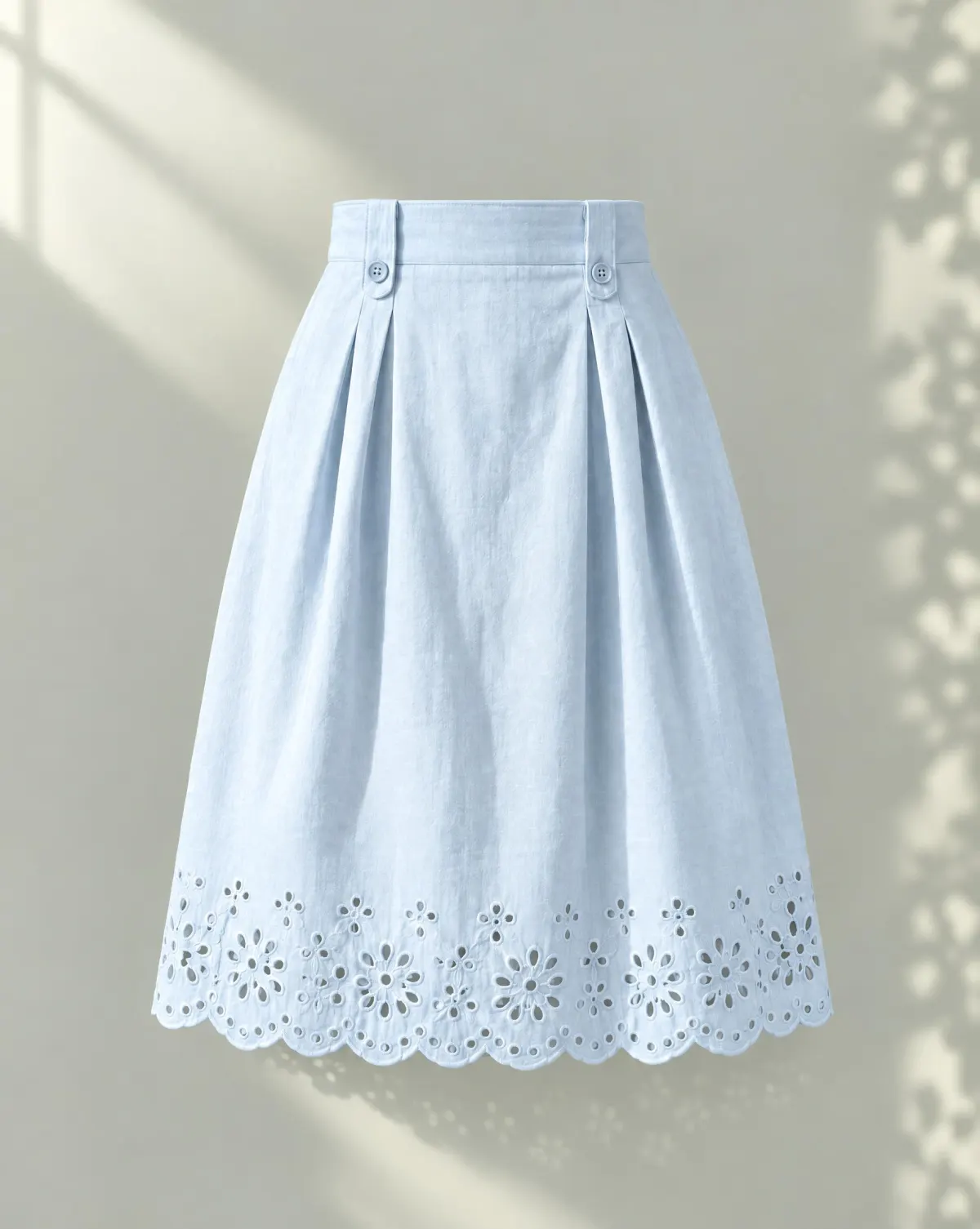 Button-Tab Pleat Skirt in sky blue, front view