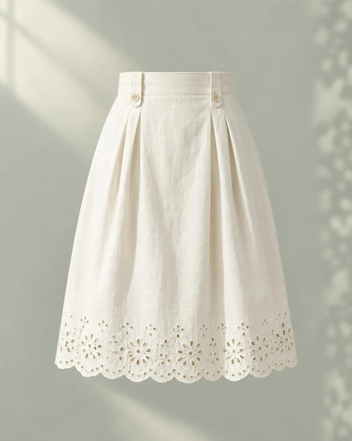 Button-Tab Pleat Skirt in white, front view