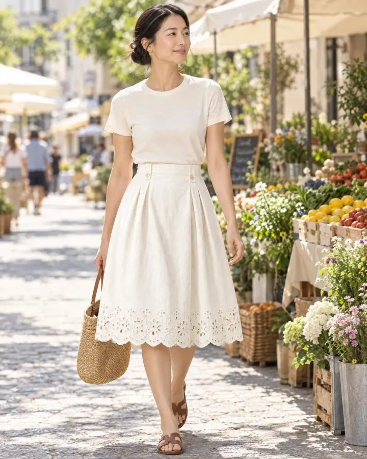 Button-Tab Pleat Skirt in white, worn with a plain tee