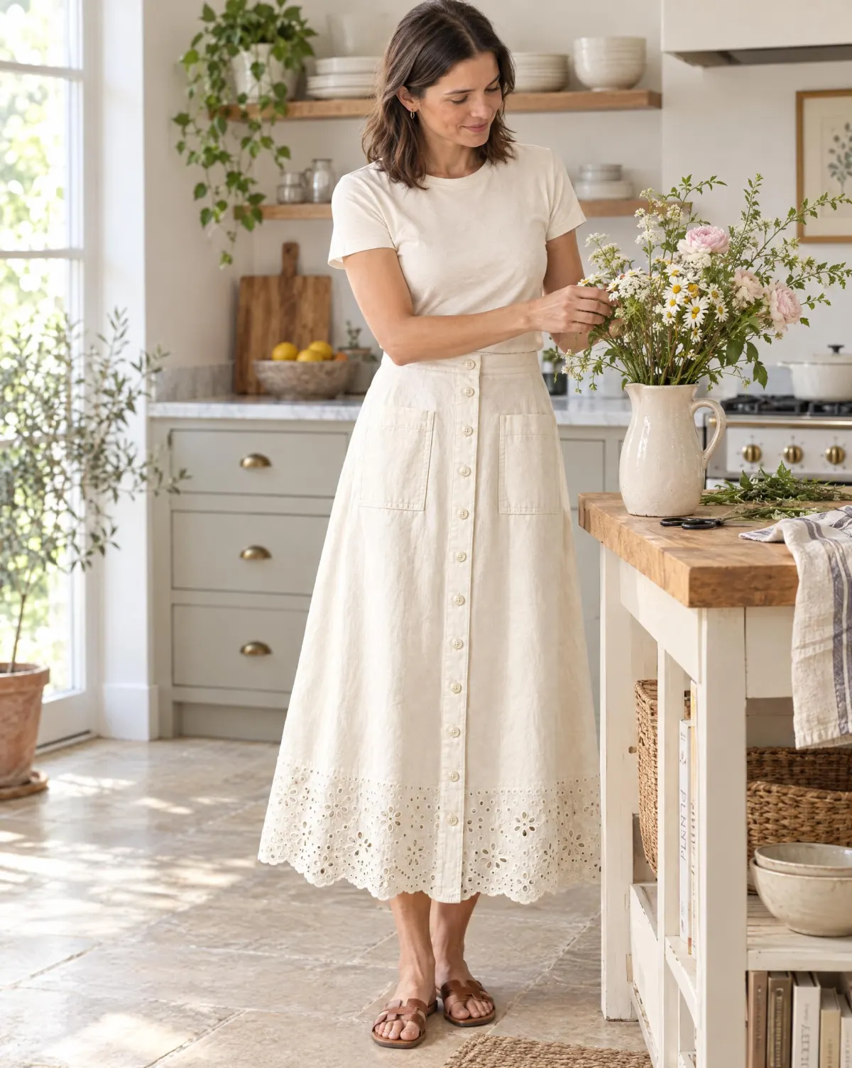 Button-Through Midi Skirt in white, worn with a plain tee