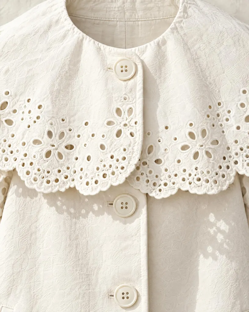 Close-up of the cape-collar short coat embroidery and finishing