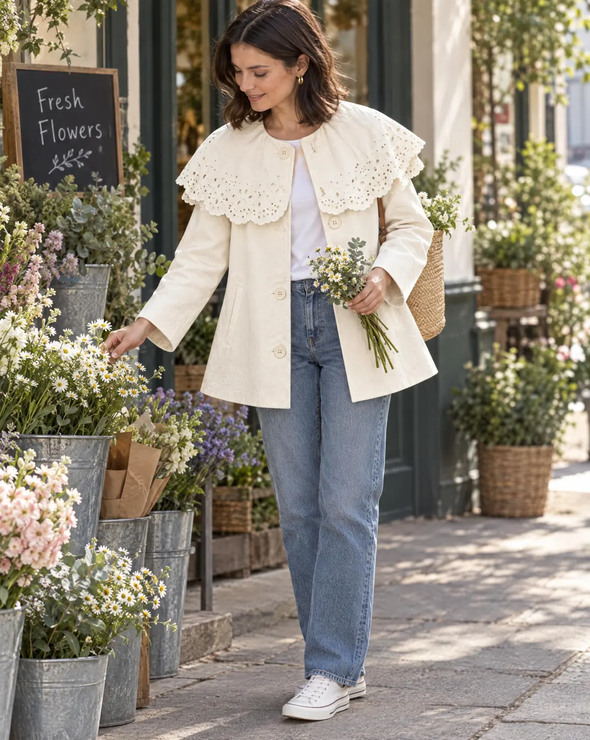 Cape-Collar Short Coat in white, worn with jeans