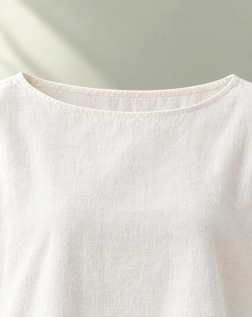 Close-up of the clover boat-neck top embroidery and finishing
