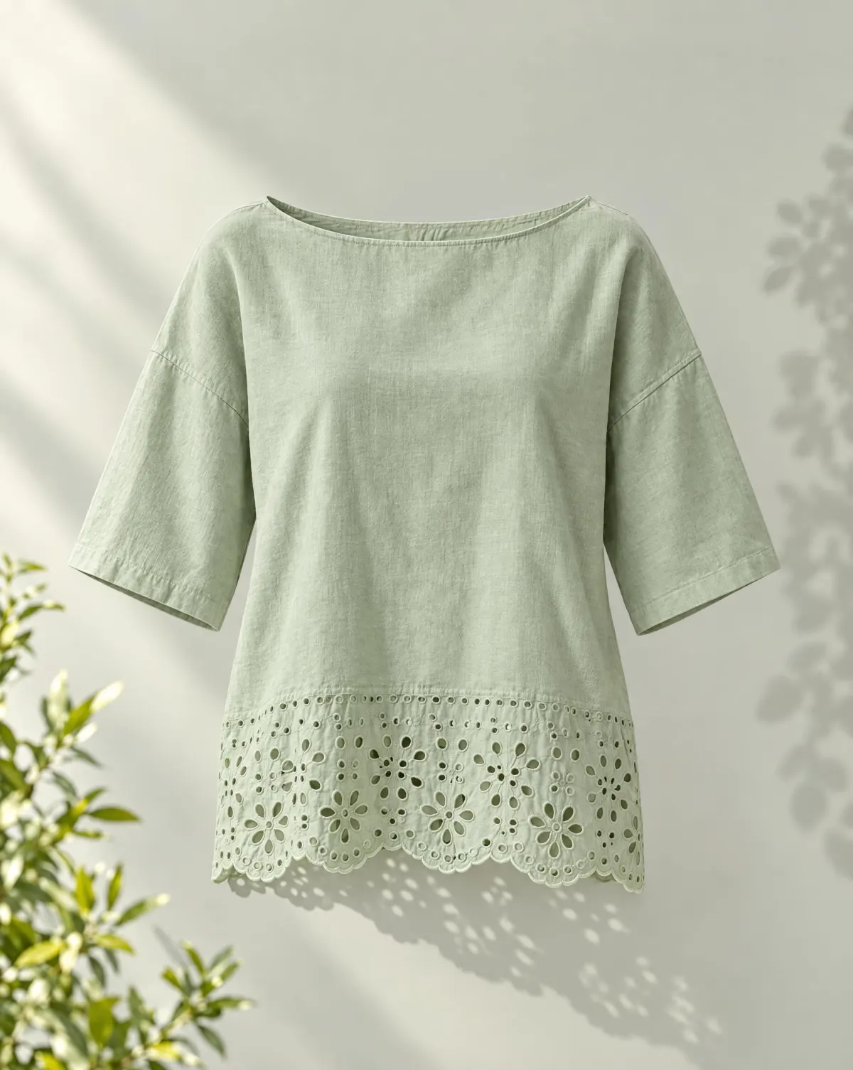 Clover Boat-Neck Top in sage green, front view