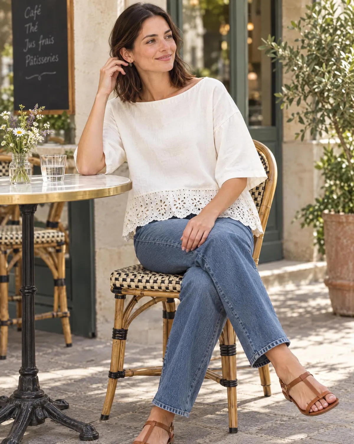 Clover Boat-Neck Top in white, worn with jeans