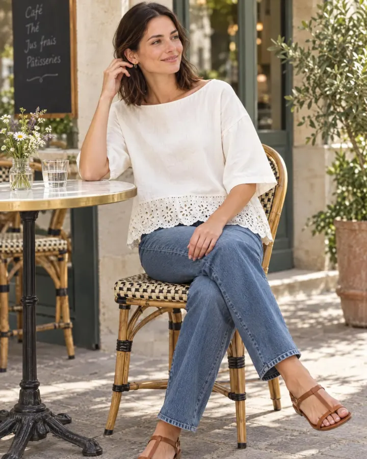 Clover Boat-Neck Top in white, worn with jeans