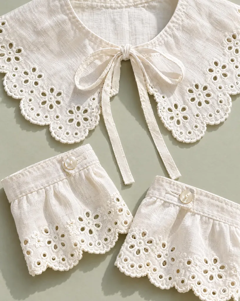 Close-up of the collar & cuff set embroidery and finishing