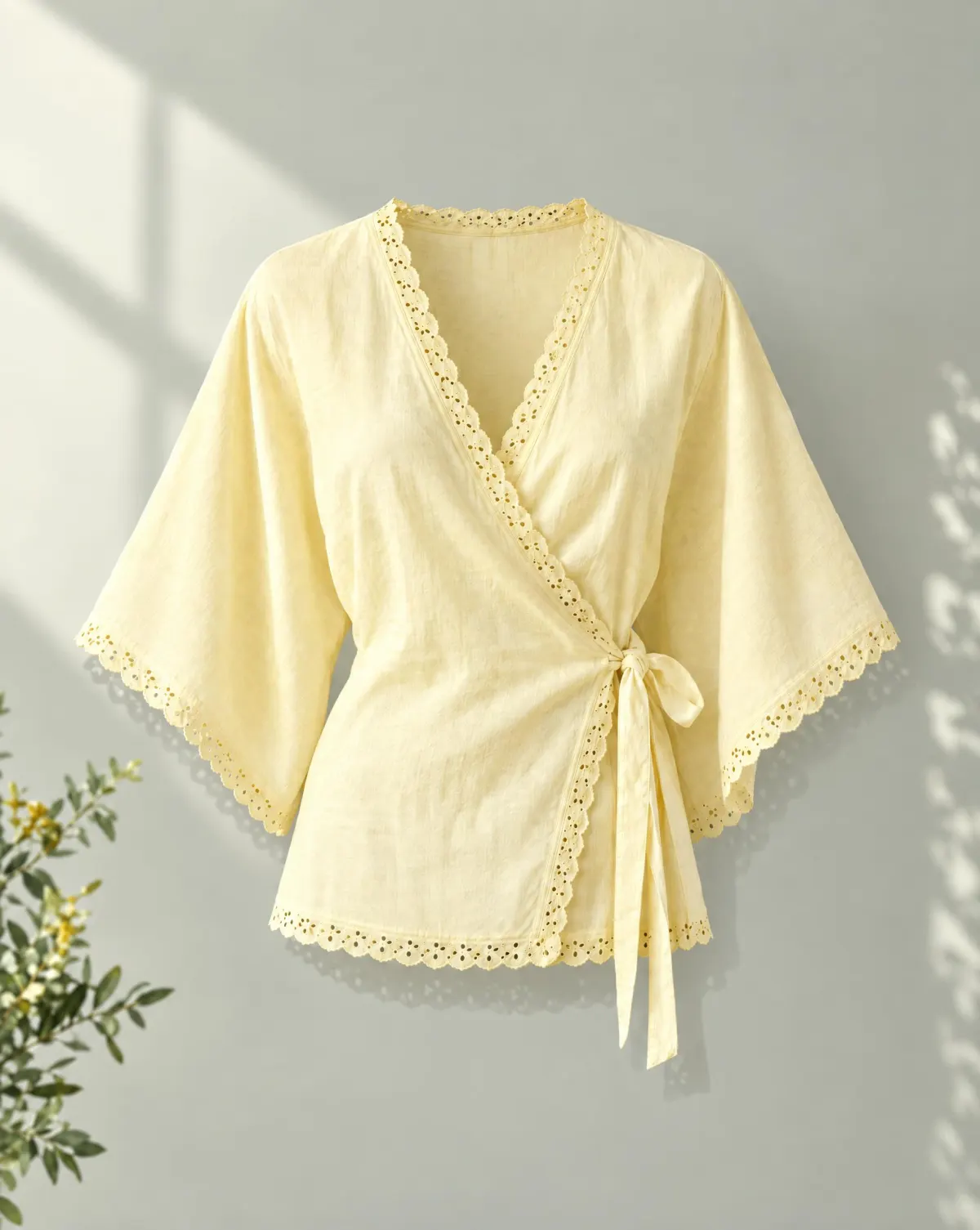 Dapple Wrap Top in butter yellow, front view