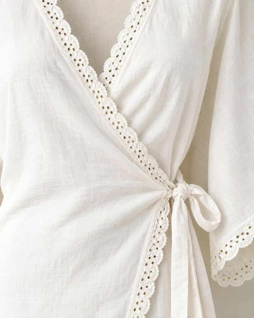 Close-up of the dapple wrap top embroidery and finishing