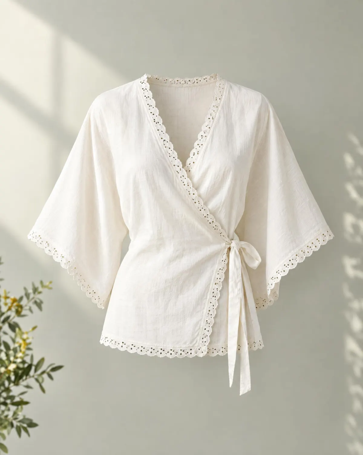 Dapple Wrap Top in white, front view