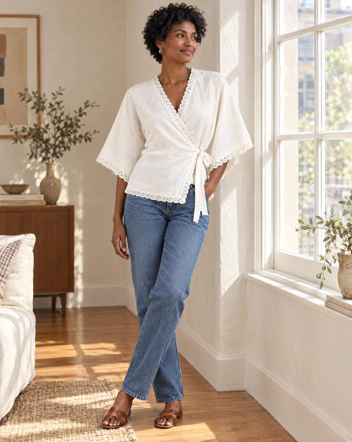 Dapple Wrap Top in white, worn with jeans
