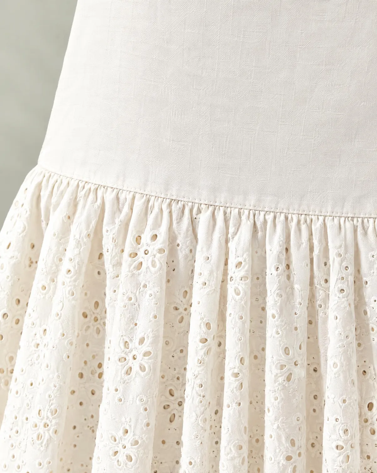 Close-up of the drop-waist ruffle skirt embroidery and finishing
