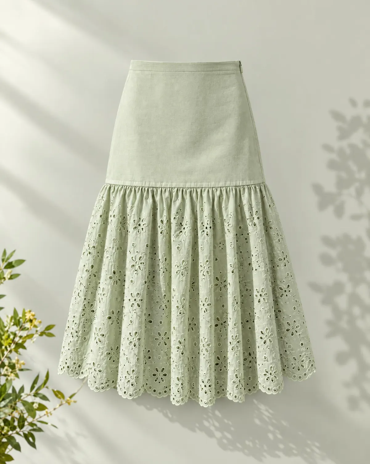 Drop-Waist Ruffle Skirt in sage green, front view