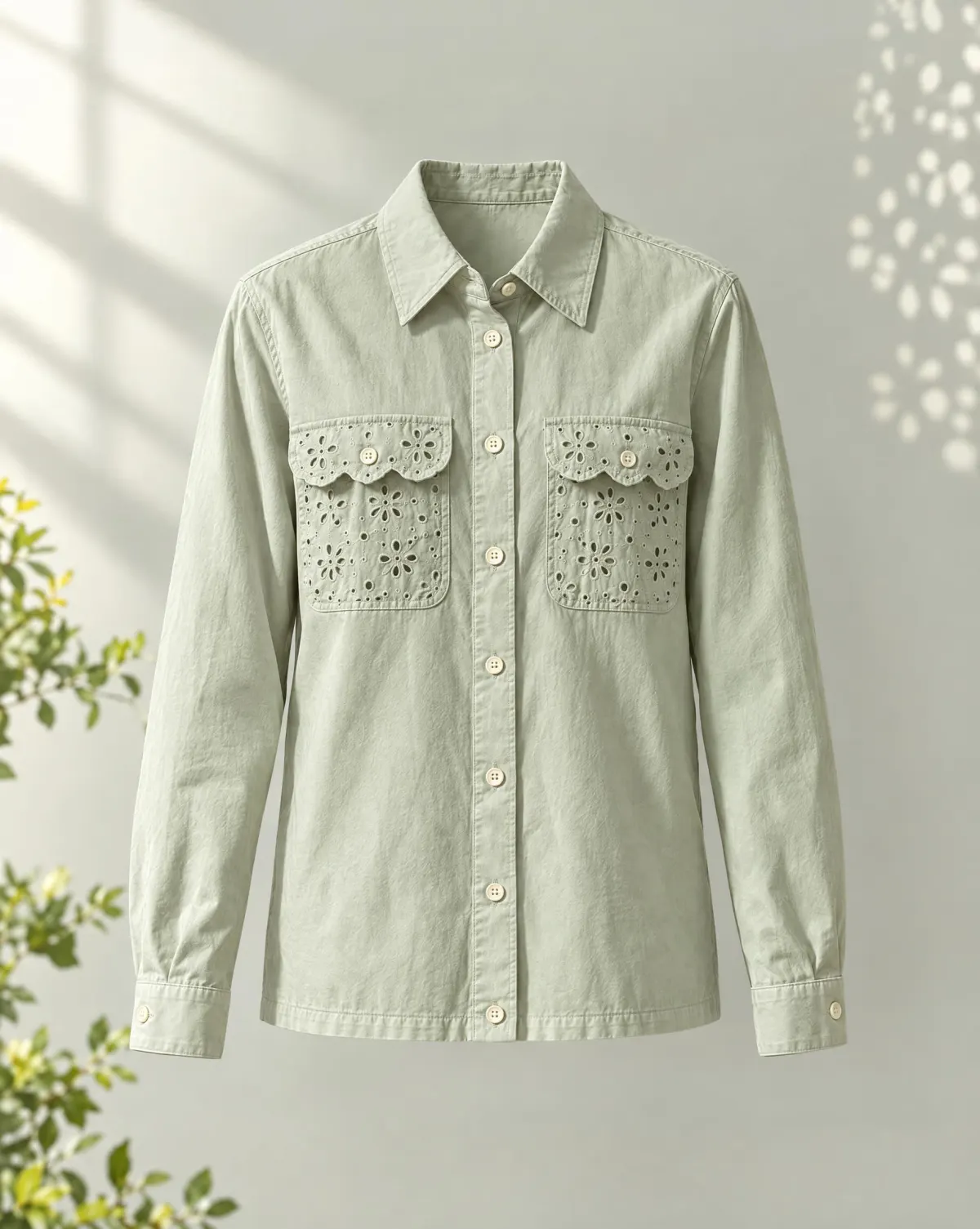 Eyelet-Pocket Shirt Jacket in sage green, front view