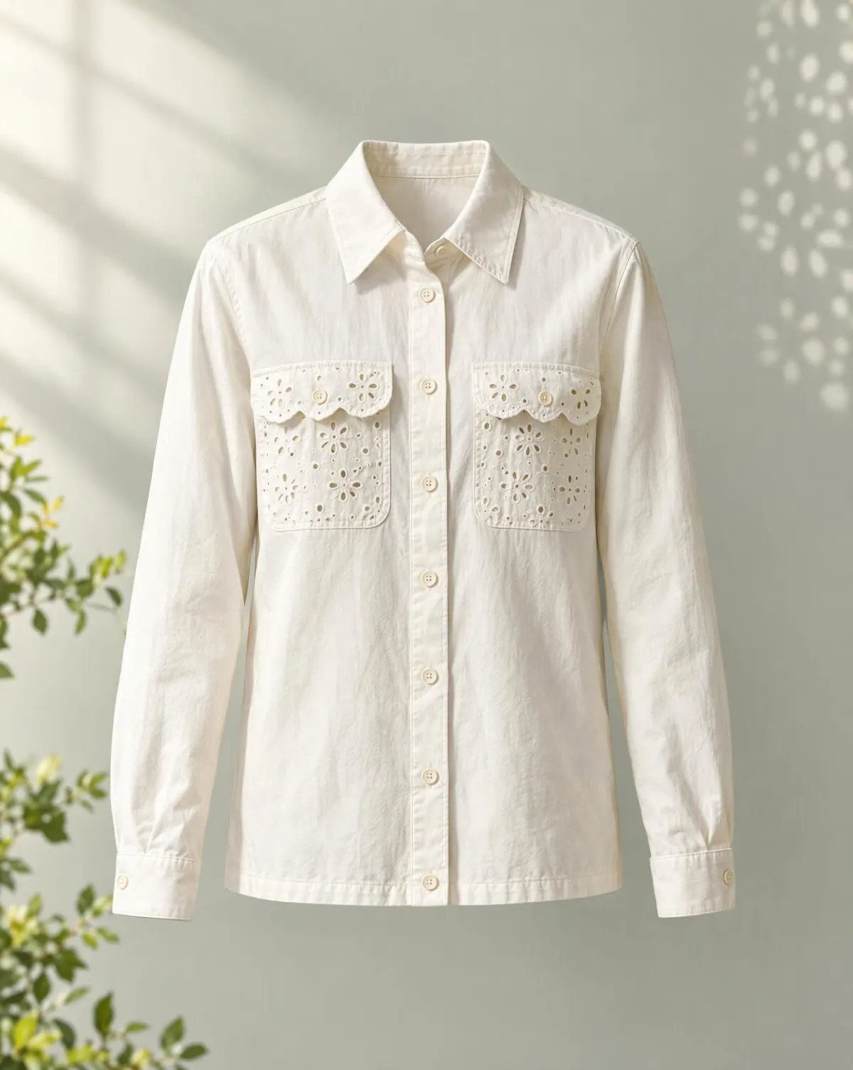 Eyelet-Pocket Shirt Jacket in white, front view
