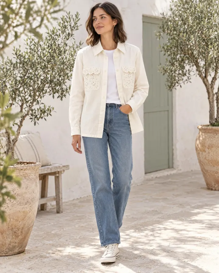 Eyelet-Pocket Shirt Jacket in white, worn with jeans