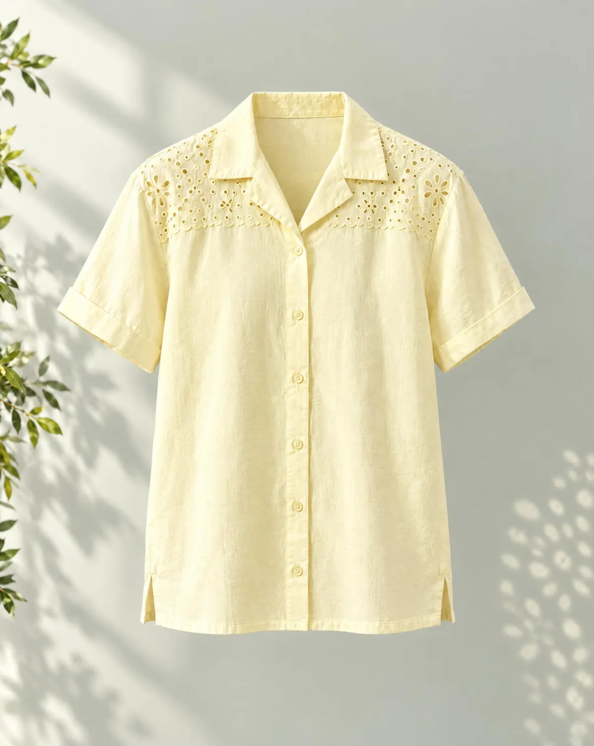 Florist Camp-Collar Shirt in butter yellow, front view