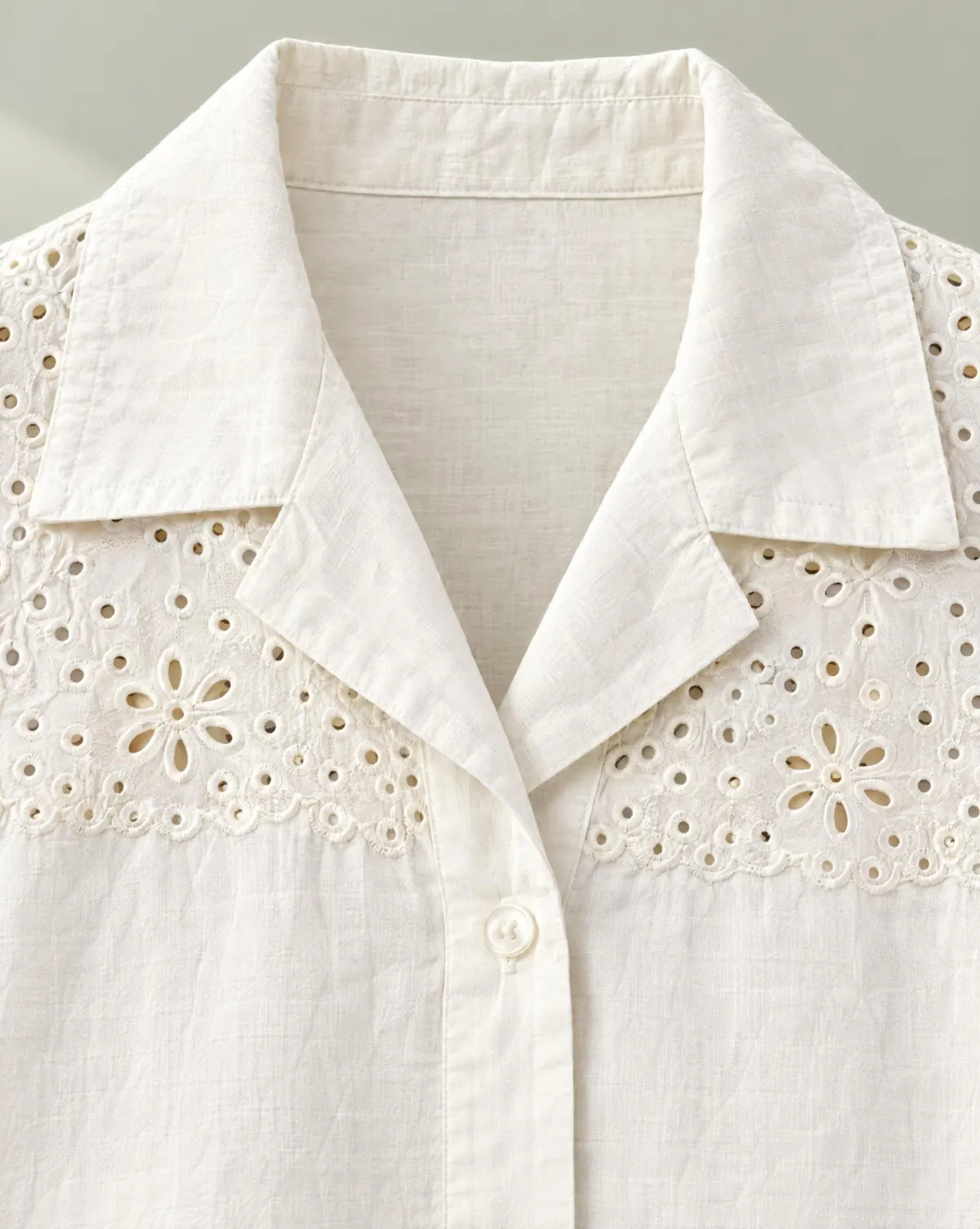 Close-up of the florist camp-collar shirt embroidery and finishing
