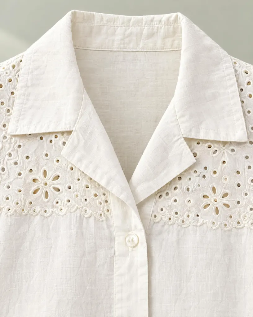 Close-up of the florist camp-collar shirt embroidery and finishing