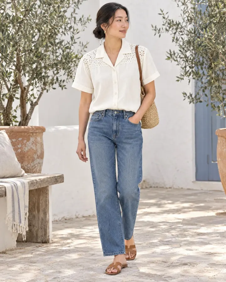 Florist Camp-Collar Shirt in white, worn with jeans