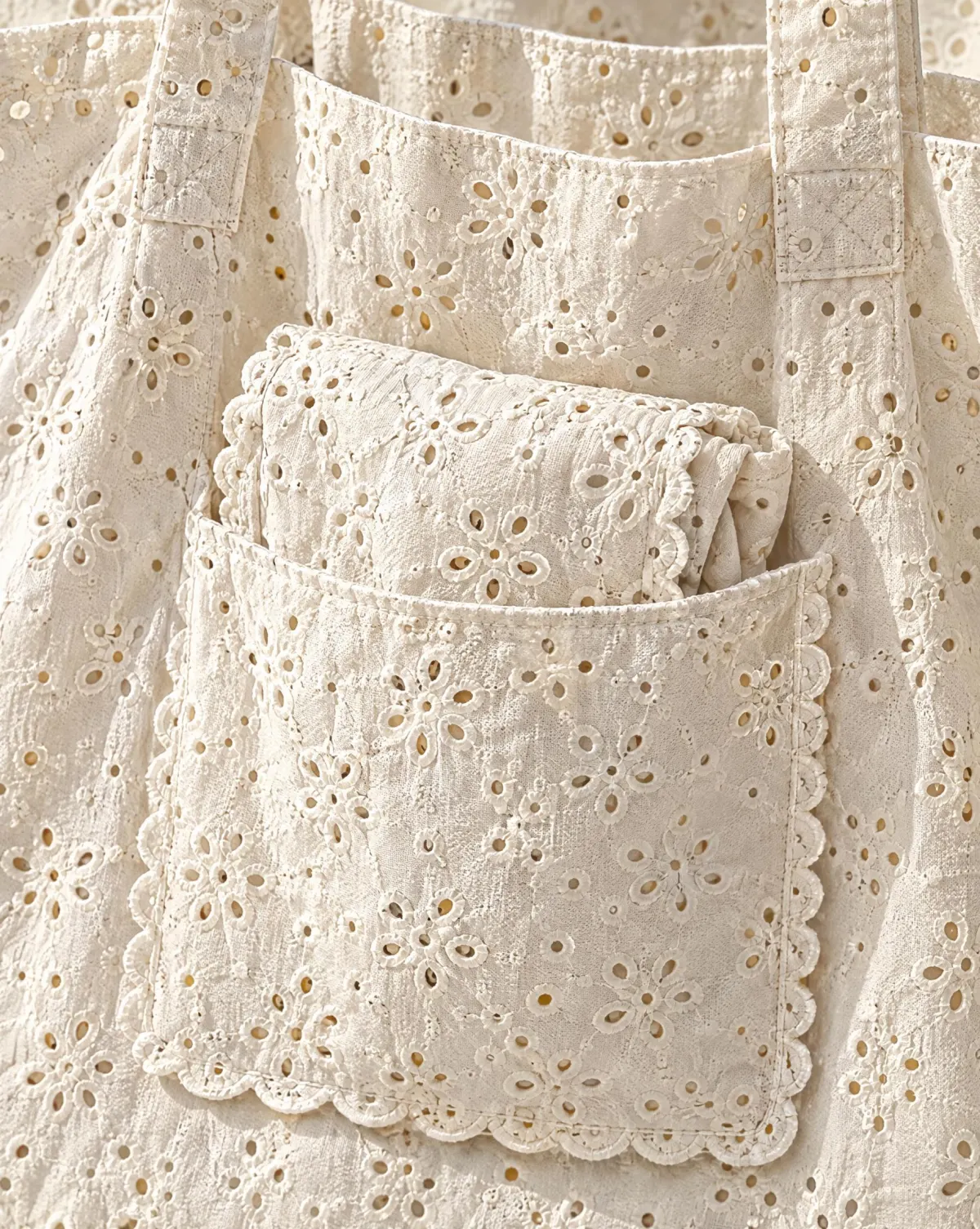 Close-up of the folding market tote embroidery and finishing