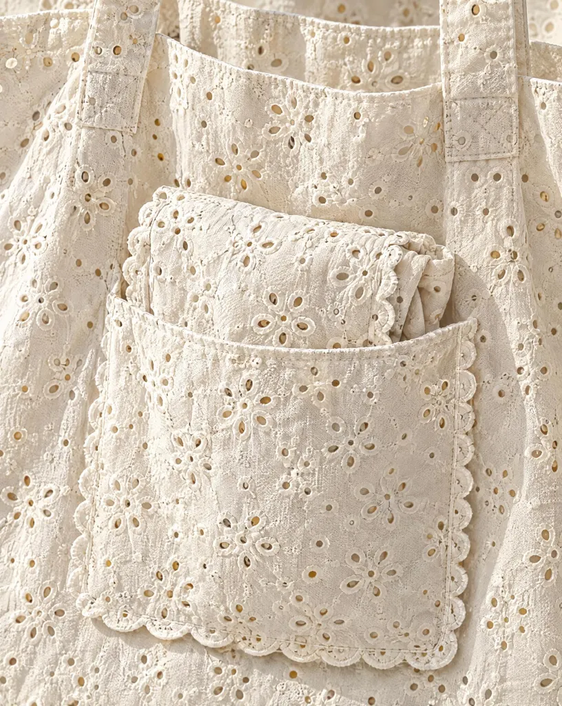 Close-up of the folding market tote embroidery and finishing