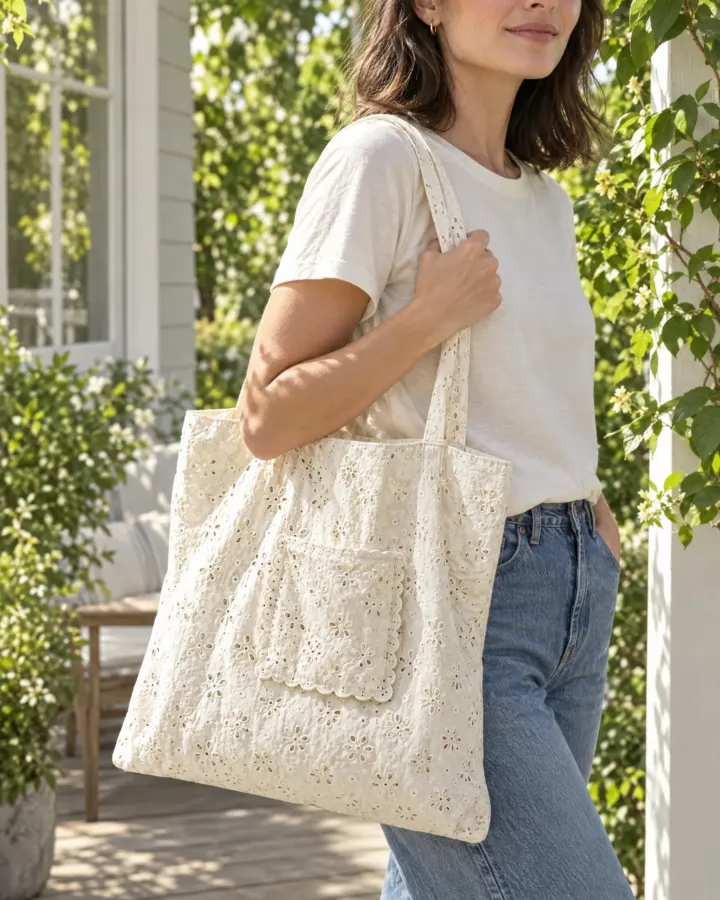 Folding Market Tote in white, shown in use
