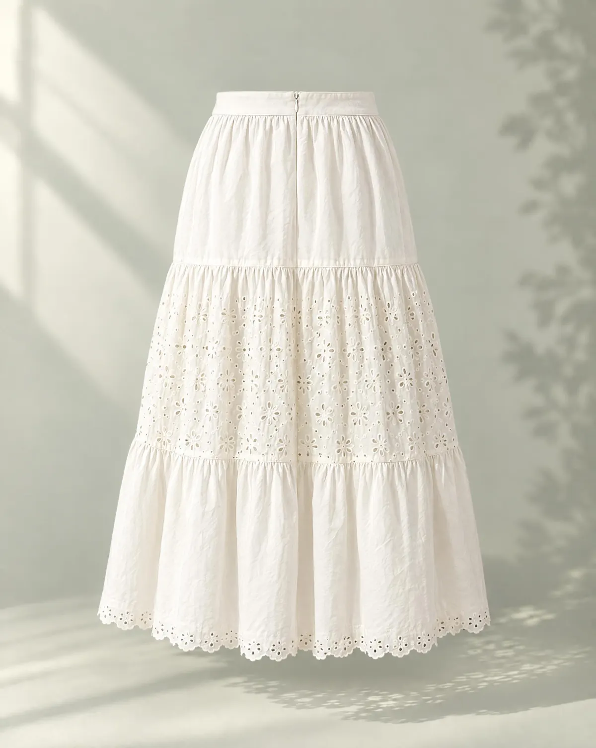 Garden Tiered Midi Skirt in white, back view
