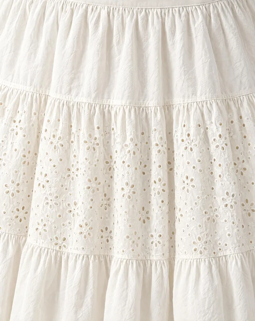 Close-up of the garden tiered midi skirt embroidery and finishing