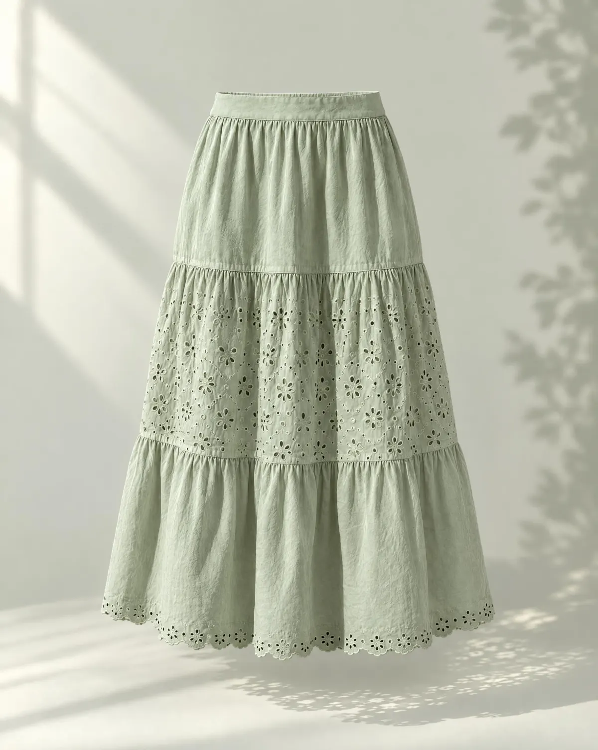 Garden Tiered Midi Skirt in sage green, front view