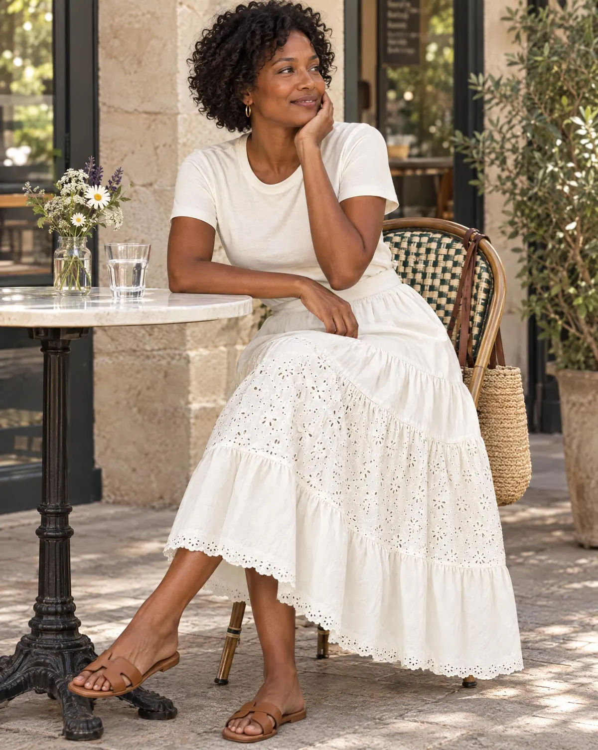Garden Tiered Midi Skirt in white, worn with a plain tee
