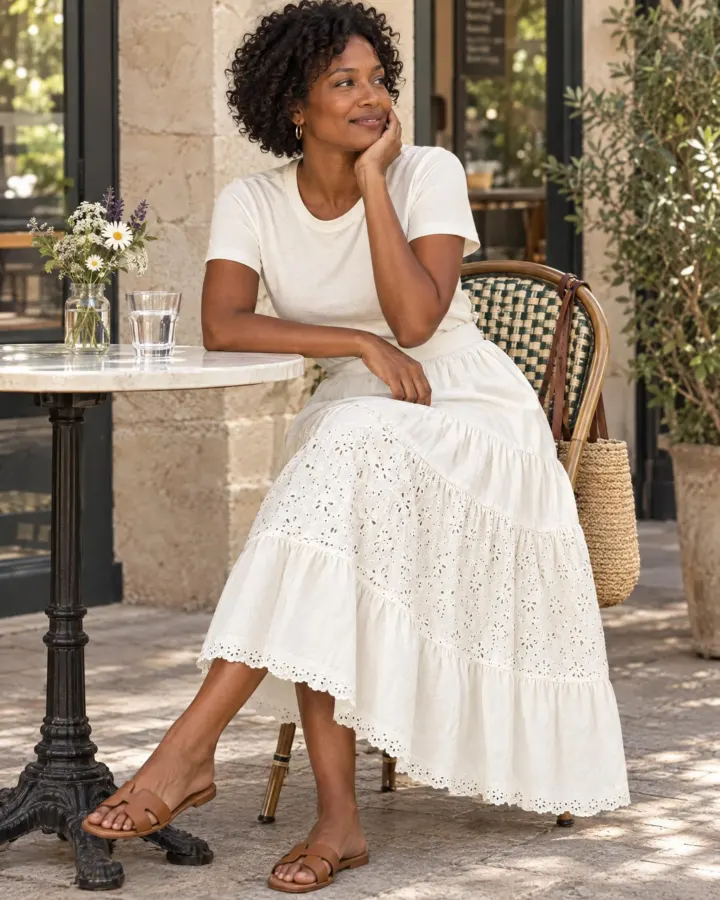 Garden Tiered Midi Skirt in white, worn with a plain tee