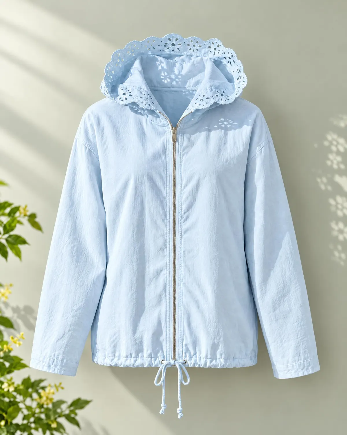 Hooded Garden Layer in sky blue, front view