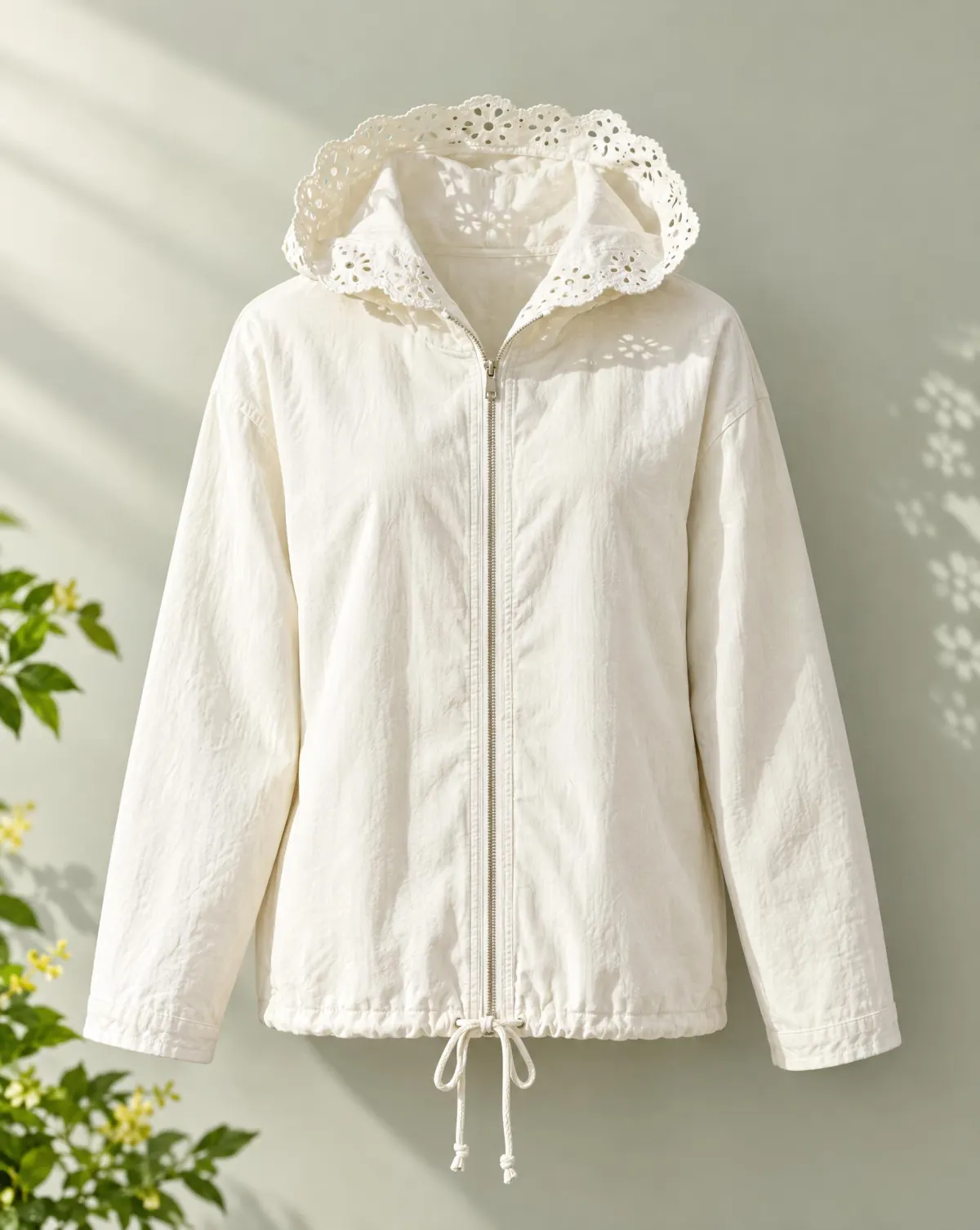 Hooded Garden Layer in white, front view