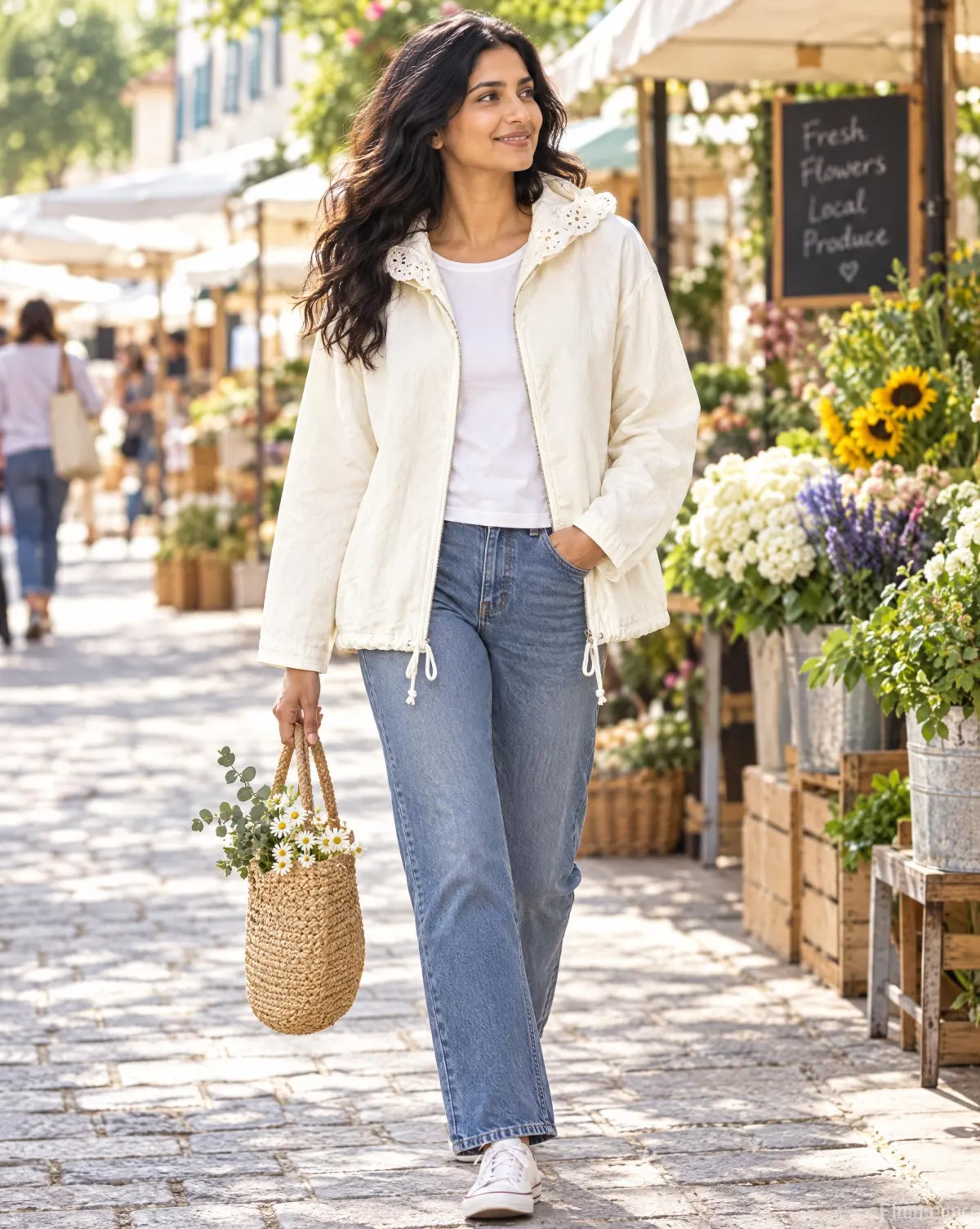 Hooded Garden Layer in white, worn with jeans